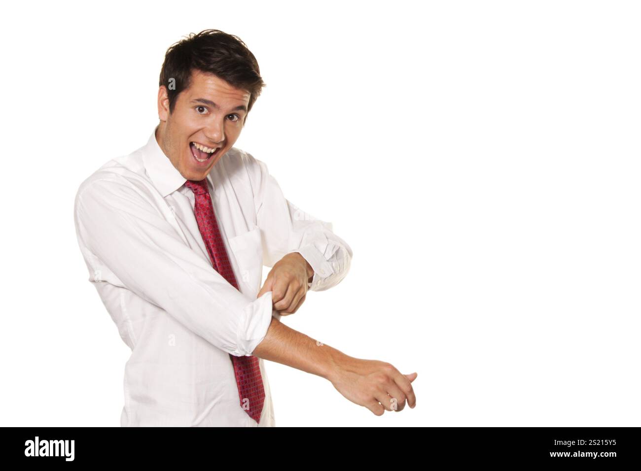 Erfolgreich, stark und leistungsstark. Rollen Sie die Hemdärmel hoch. Herrenshirt, erfolgreiches, starkes und kraftvolles Tackle. Hoch gerollte Hemdärmel. Herrenhemd Stockfoto