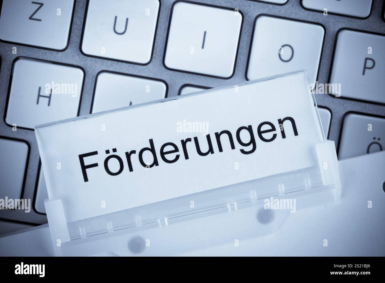 Der Ordner einer Hängeakte vor einer Computertastatur zum Thema Subventionen Österreich Stockfoto