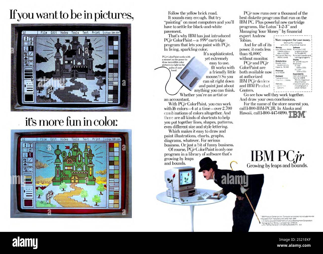 1985 IBM PC jr Color Paint Ad mit Charlie Chaplin – „wenn du in Bildern sein willst, macht es mehr Spaß in Farbe“ Stockfoto