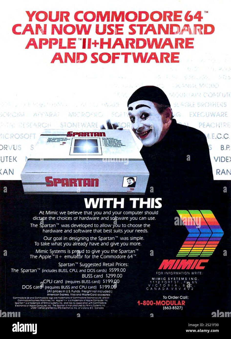1985 imitieren Spartan Emulator Ad - Ihr Commodore 64 kann jetzt Standard Apple II + Hardware und Software verwenden. Stockfoto 1985 imitieren Spartan Emulator Ad - Ihr Commodore 64 kann jetzt Standard Apple II + Hardware und Software verwenden. Stockfoto