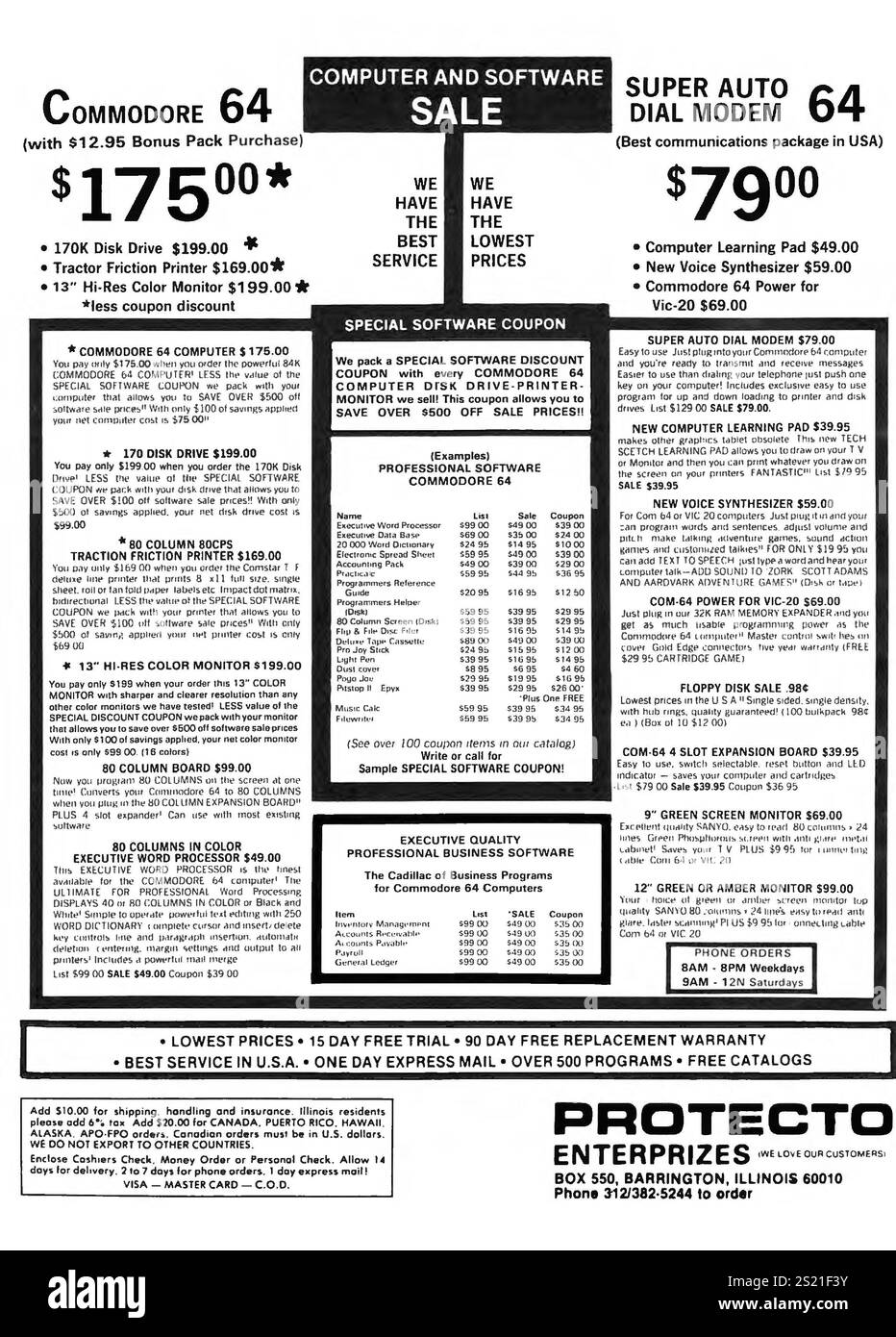 1985 Protecto Enterprises Barrington, IL - Computer- und Softwareverkauf - Commodore 64 und Super Auto Dial Modem Stockfoto 1985 Protecto Enterprises Barrington, IL - Computer- und Softwareverkauf - Commodore 64 und Super Auto Dial Modem Stockfoto