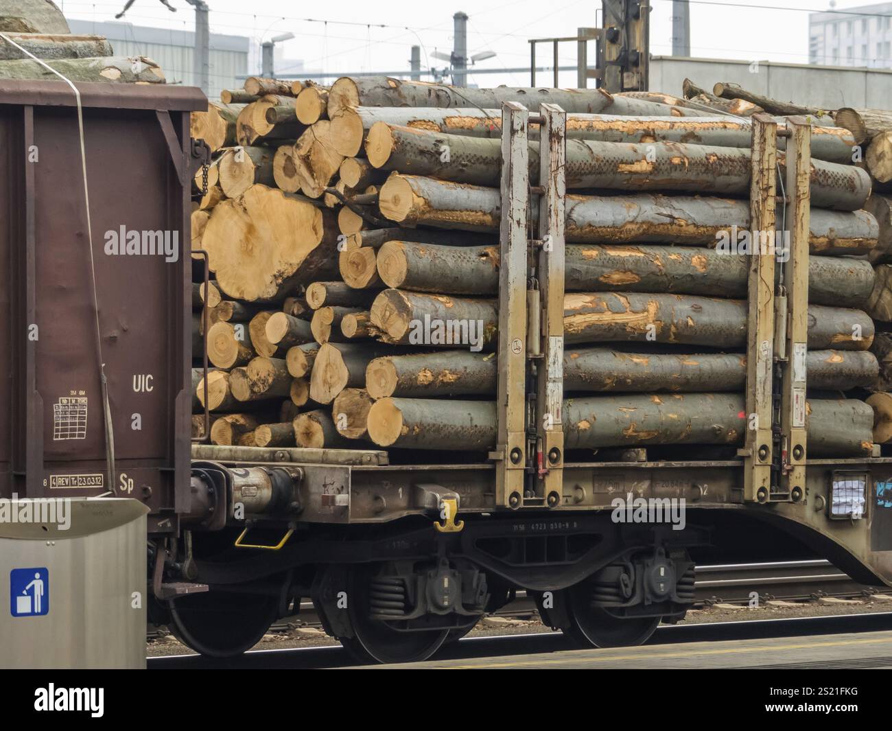 Wagen der Eisenbahn mit Holz beladen. Güterzug. Güterverkehr auf der Eisenbahn Österreich Stockfoto