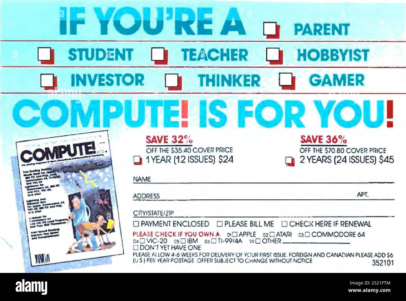 1985 Compute! Zeitschriftengutschein und Promotion Stockfoto