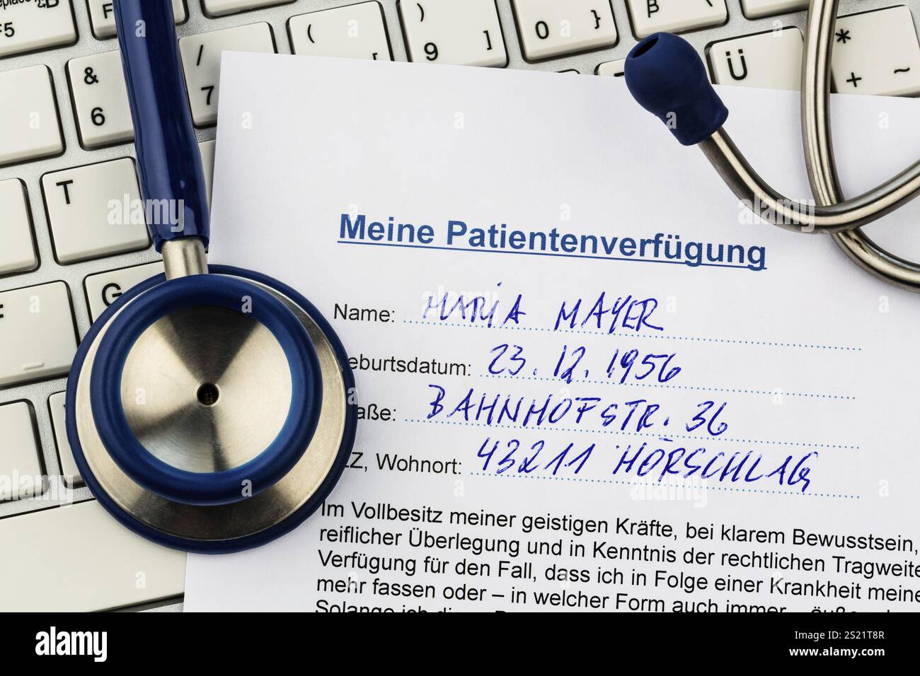 Ein Lebenswille auf Deutsch. Anweisungen für den Arzt oder das Krankenhaus im Falle einer tödlichen Erkrankung. Österreich Stockfoto
