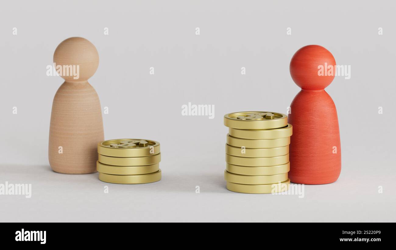 Finanzielle Ungleichheit. Männliche und weibliche Figuren mit Münzen auf Lichttisch.3D-Rendering auf weißem Hintergrund. Stockfoto