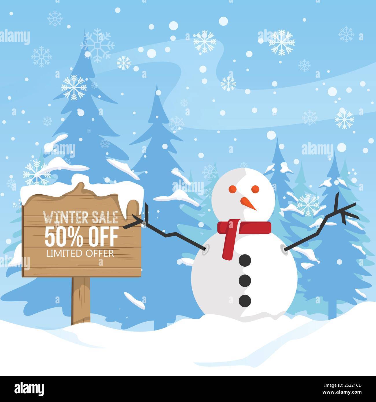 Winter Sale Poster Design mit Schneeflocken kostenloser Vektor. Flache Illustration zum Winterverkauf mit Schneemännern und Tannen Stock Vektor