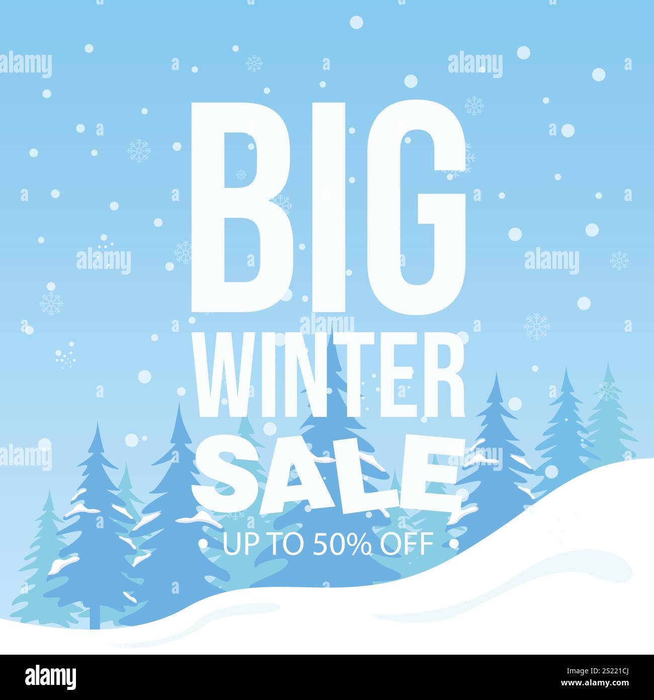 Winter Sale Poster Design mit Schneeflocken kostenloser Vektor. Flache Illustration zum Winterverkauf mit Schneemännern und Tannen Stock Vektor