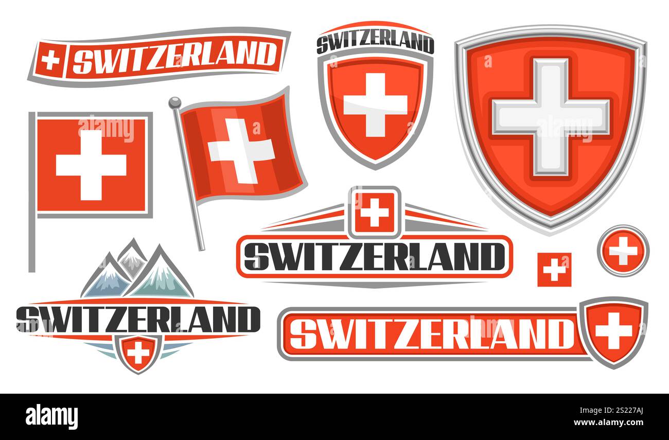 Vektor-Set für die Schweiz, Sammlung von ausgeschnittenen Illustrationen dekorative schweiz-Tags und rote Fahnen mit Fahnenmast, Gruppe von verschiedenen horizontalen Stock Vektor