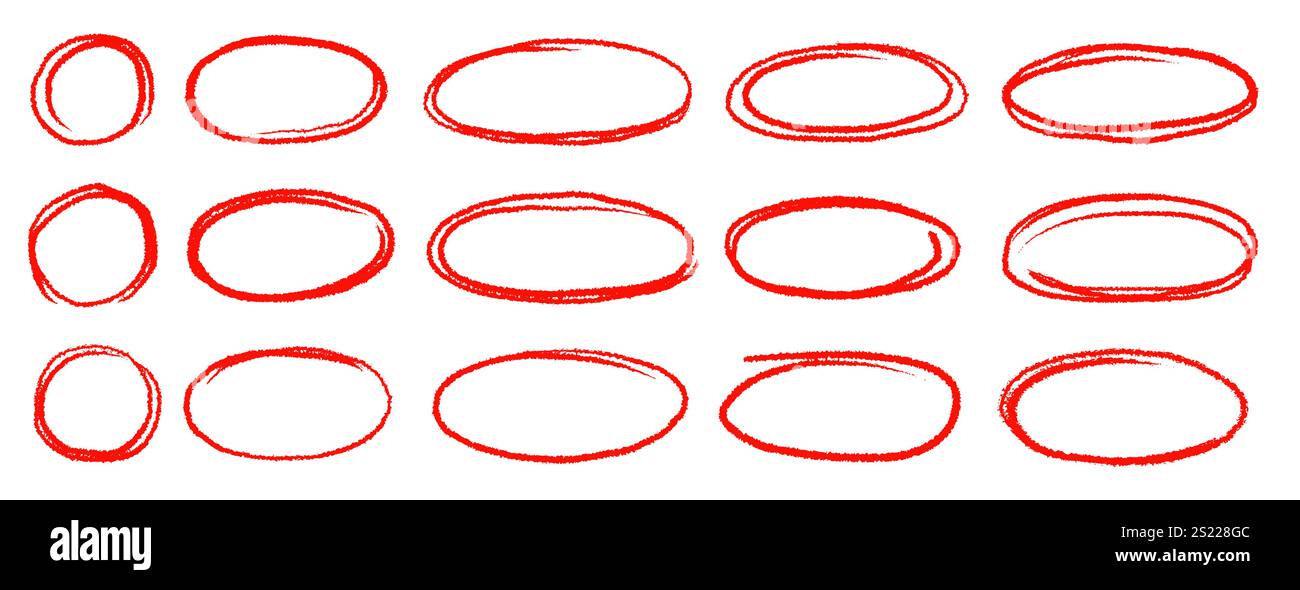 Handgezeichneter roter Hervorhebung, ovaler Rahmen. Doodle Buntstift, Markierpinsel streichen oval Unterstrich Element Pack. Handgezeichneter Bleistiftstrich Skizze Markierer Vektor Illustration Stock Vektor