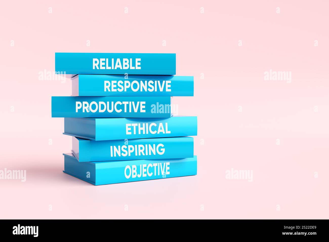Blaue Bücher auf rosafarbenem Hintergrund, die wesentliche Werte für den Geschäftserfolg darstellen: Zuverlässig, reaktionsschnell, produktiv, ethisch, inspirierend, und o Stockfoto