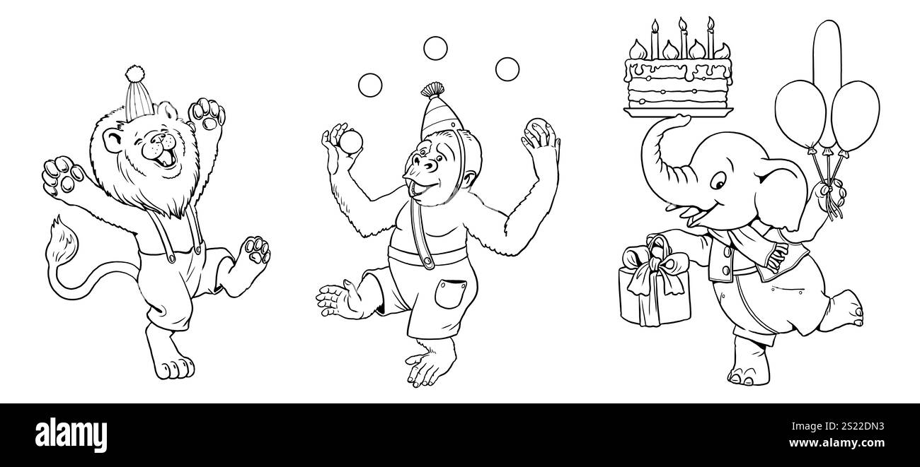 Silhouette von lustigen Tieren, die Geburtstag feiern. Vorlagen für Kindergeburtstage und zum Färben. Stockfoto