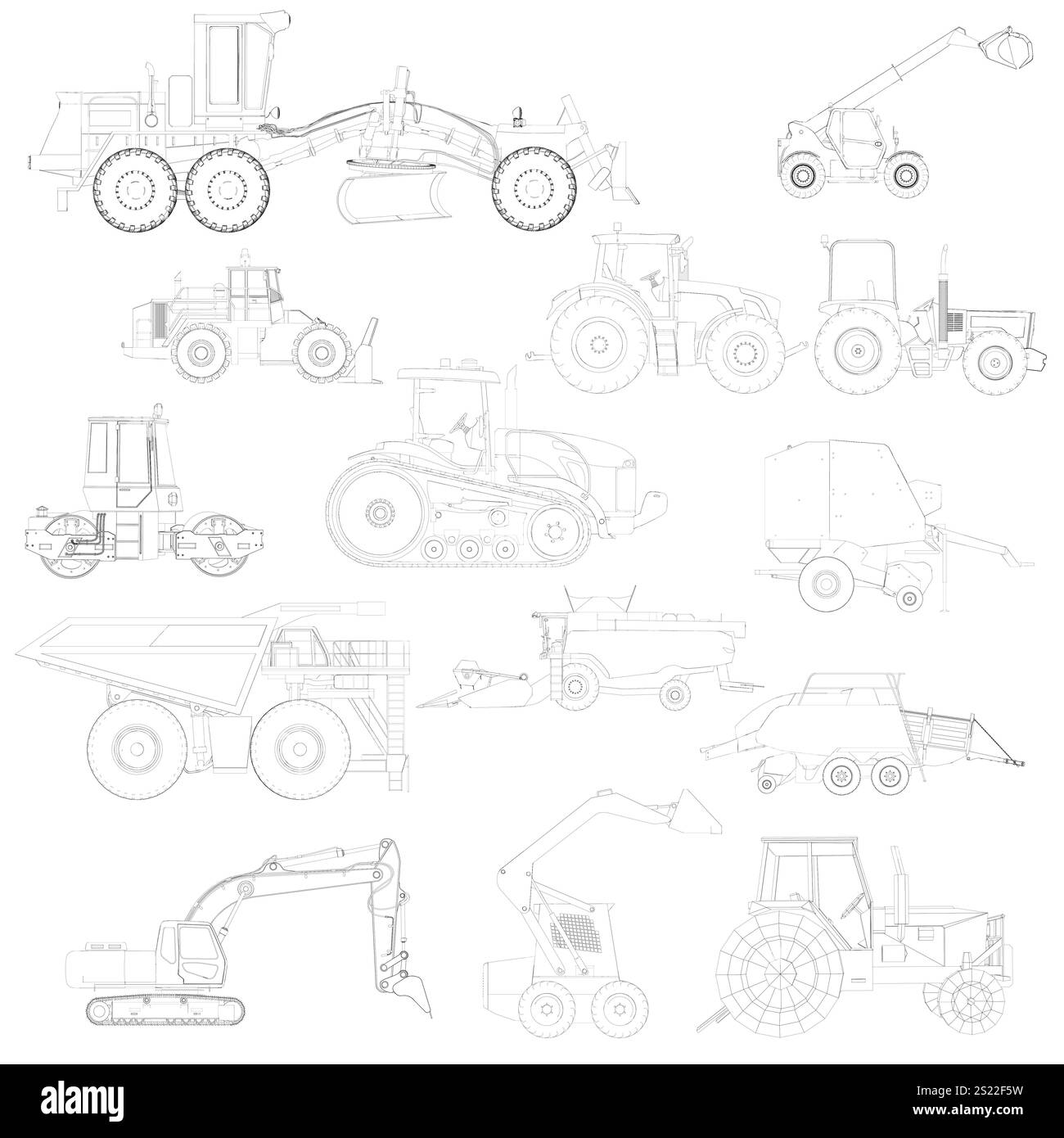 Sammlung von Zeichnungen landwirtschaftlicher Geräte. Die Zeichnungen sind alle in Schwarzweiß gehalten. Die Zeichnungen umfassen einen Traktor, einen Baggerlader, einen Planierschild und eine Müllkippe Stock Vektor