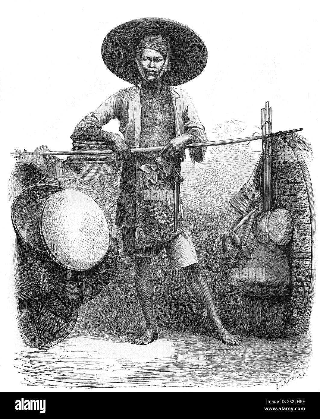 Porträt eines indonesischen Korbverkäufers oder Straßenverkäufers in Batavia, Niederländisch-Indien, heute Jakarta Indonesien. Vintage oder historische Gravur oder Illustration 1864 Stockfoto