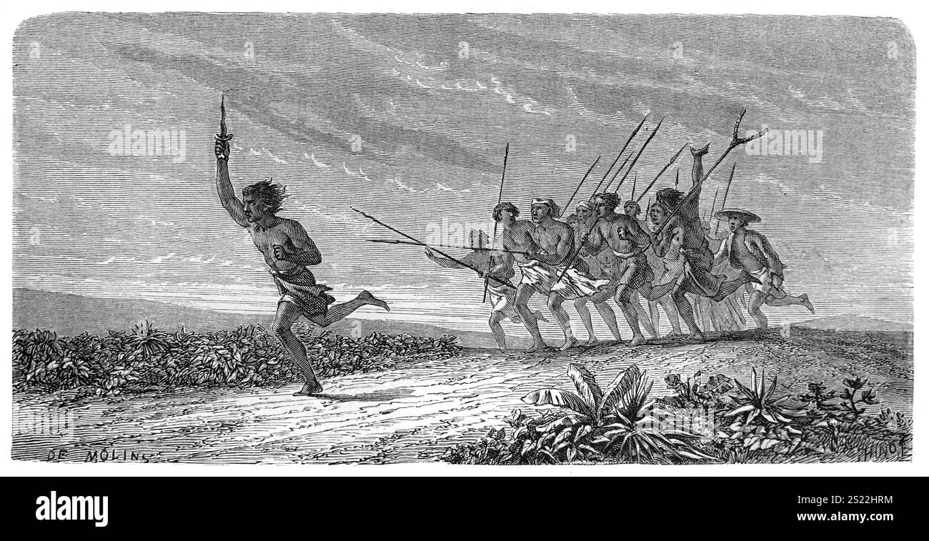 Der malaiische Mann, der Amok unter dem Einfluss von Opium leitet, mit Männern in Verfolgung, Batavia, Niederländisch-Indien, jetzt Jakarta Java Indonesien. Vintage oder historische Gravur oder Illustration 1864 Stockfoto