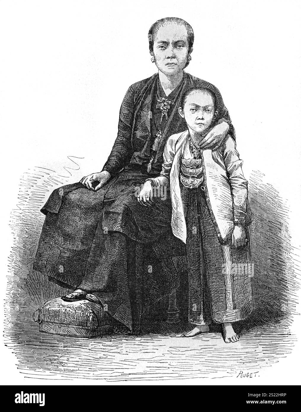Sitzendes Porträt von Sultana, Ehefrau und Kind von Sri Sultan Hamengkubuwono VI, alias Hamengkubuwana VI, Sechster Sultan des Sultanats Yogyakarta, lebte 1821–1877, regierte 1855–1877, Java Indonesien. Vintage oder historische Gravur oder Illustration 1864. Stockfoto Sitzendes Porträt von Sultana, Ehefrau und Kind von Sri Sultan Hamengkubuwono VI, alias Hamengkubuwana VI, Sechster Sultan des Sultanats Yogyakarta, lebte 1821–1877, regierte 1855–1877, Java Indonesien. Vintage oder historische Gravur oder Illustration 1864. Stockfoto