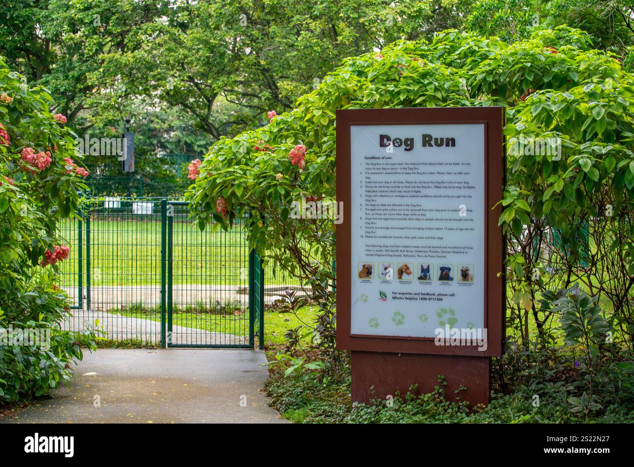 Ein Schild vor einem umzäunten Hundepark im Tiong Bahru Park in Singapur enthält 10 verschiedene Einreisebedingungen und Arten von Hunden, die an der Leine gehalten werden müssen Stockfoto