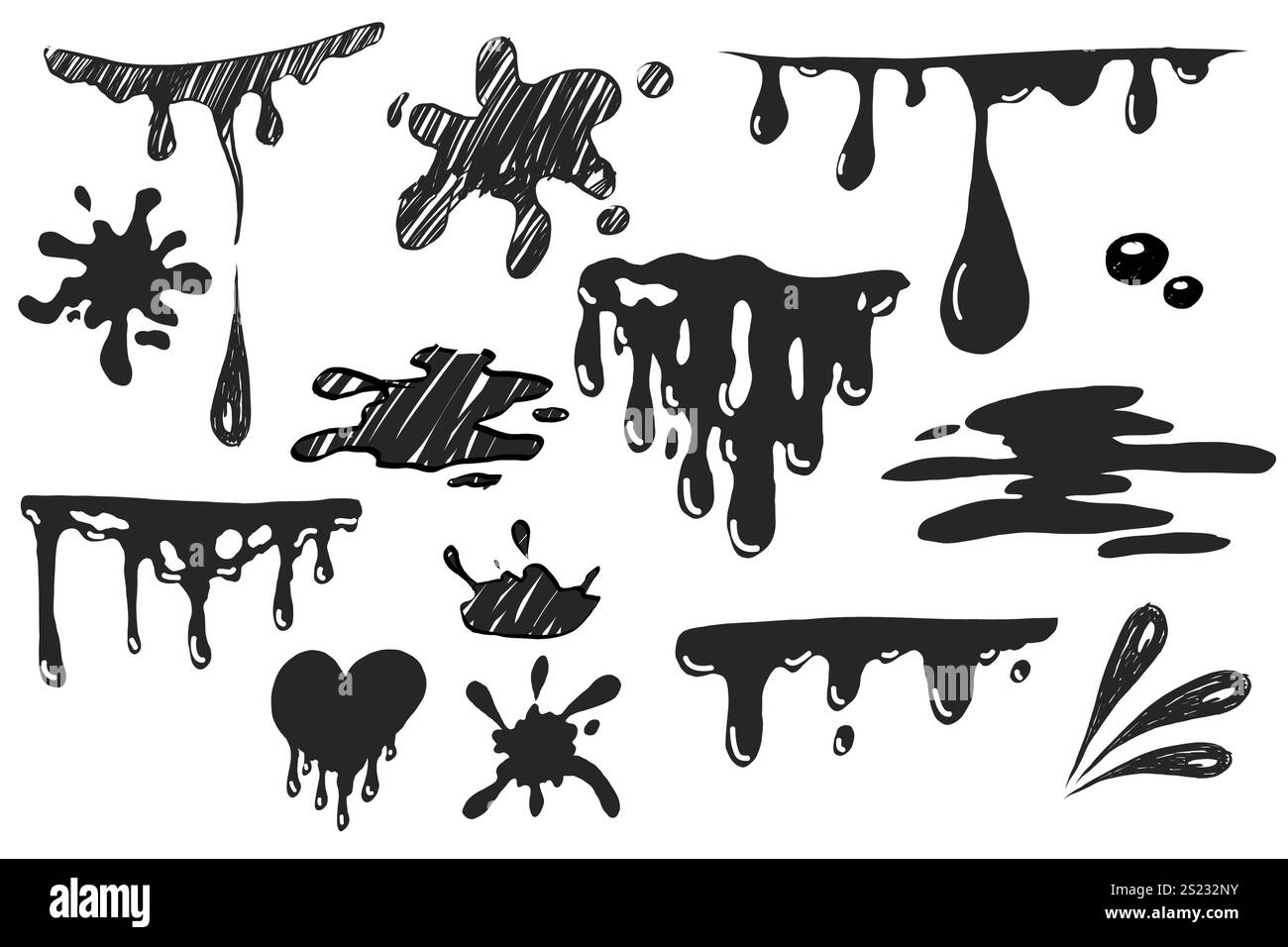 Tropfspritzer, Flüssigfleck Flüssigkeitstropfen Tropfengrunge strukturiert. Graffiti spritzen schwarz schmelzen. Farbfluss, Schmelzsprührand. . Vektorabbildung Stock Vektor