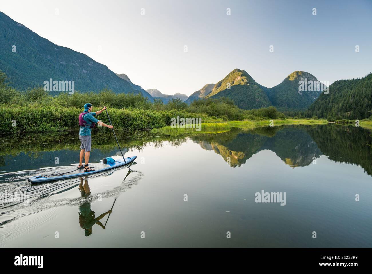 Seitenansicht eines Mannes, der mit einem SUP paddelt, in malerischer Lage, B.C. Kanada Stockfoto