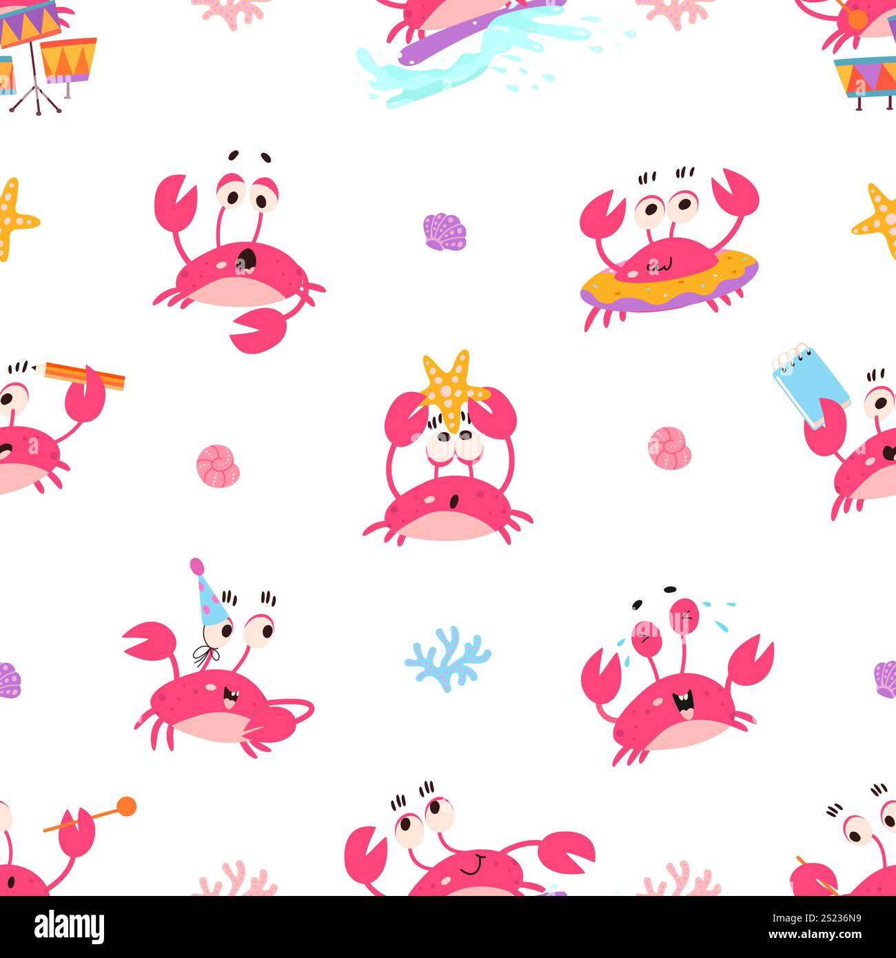 Nahtloses Krabbenmuster. Niedliches Krabbensurfen, Musik spielen, Notizen schreiben. Lustiges Meerestier für Stoffdruck, Verpackung oder Tapete, heute Vektor Stock Vektor