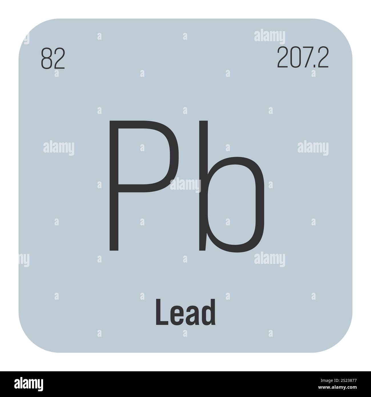 Blei, Pb, Periodentabelle mit Name, Symbol, Atomzahl und Gewicht. Schwermetalle mit verschiedenen industriellen Verwendungszwecken, z. B. in Batterien, Sanitär und als Bestandteil bestimmter Legierungen. Stock Vektor