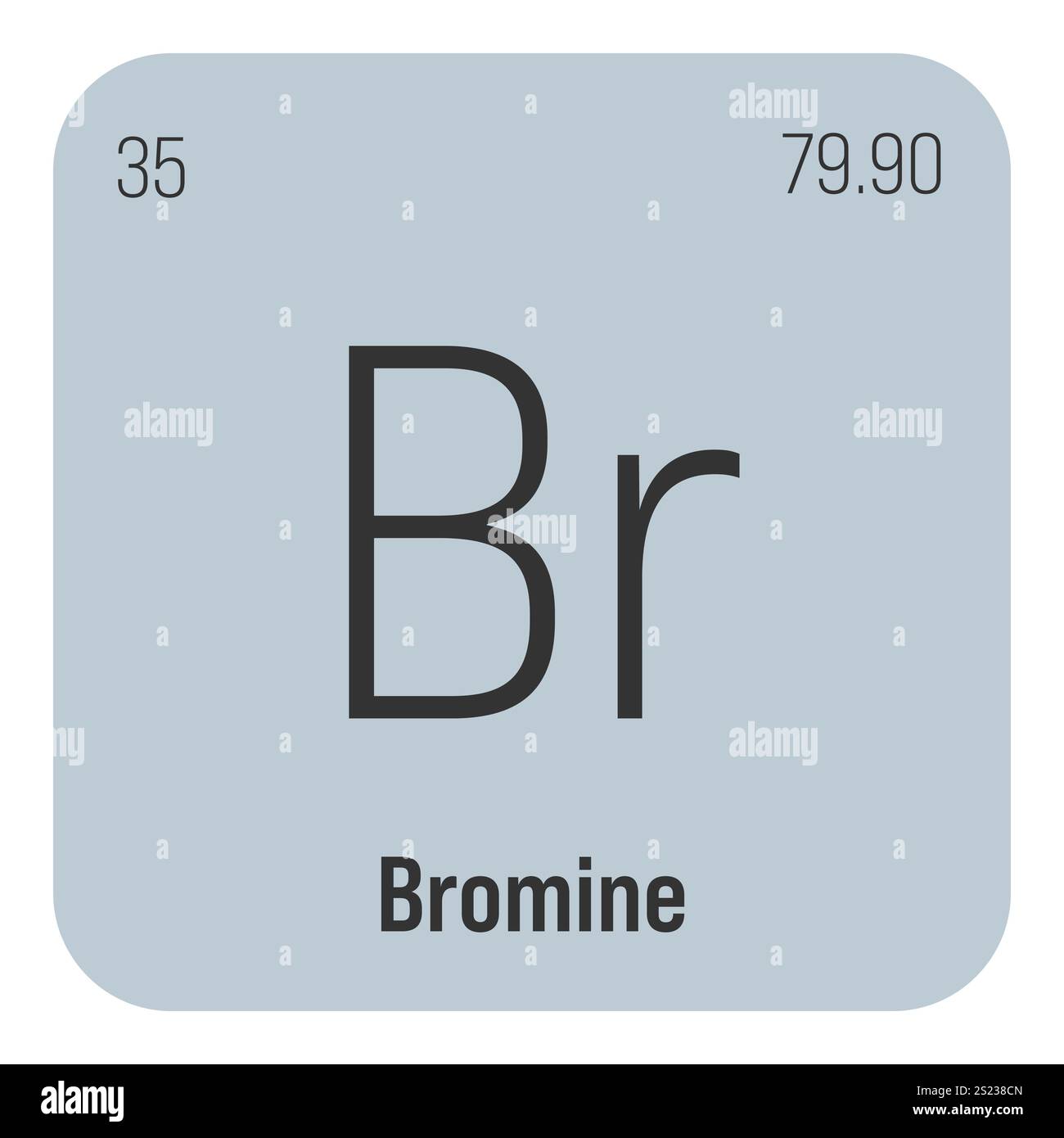 Brom, Br, Periodenelement mit Name, Symbol, Atomzahl und Gewicht. Halogen für verschiedene industrielle Anwendungen, z. B. in Flammschutzmitteln, Wasseraufbereitung und als Begasungsmittel in der Landwirtschaft. Stock Vektor