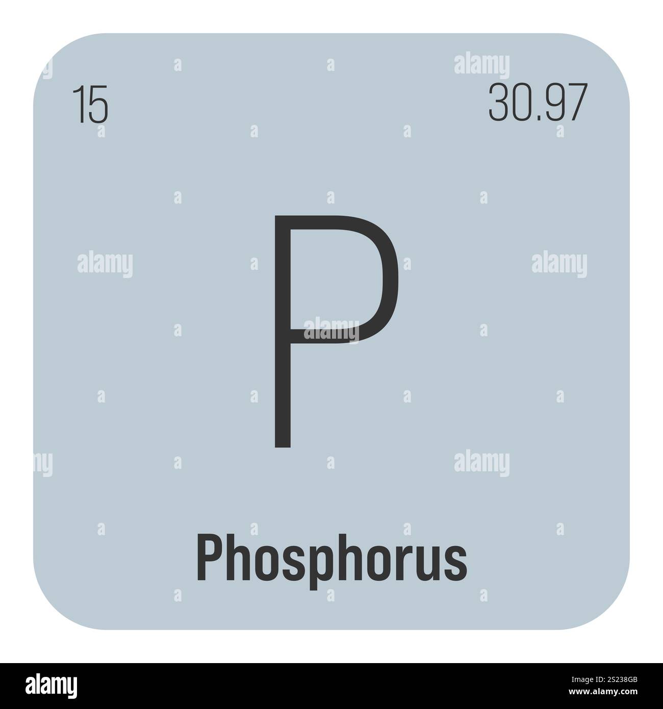 Phosphor, P, Periodenelement mit Name, Symbol, Atomzahl und Gewicht. Nichtmetall mit verschiedenen industriellen Verwendungszwecken, z. B. in Düngemitteln, Detergenzien und als Bestandteil bestimmter Arten von Explosivstoffen. Stock Vektor