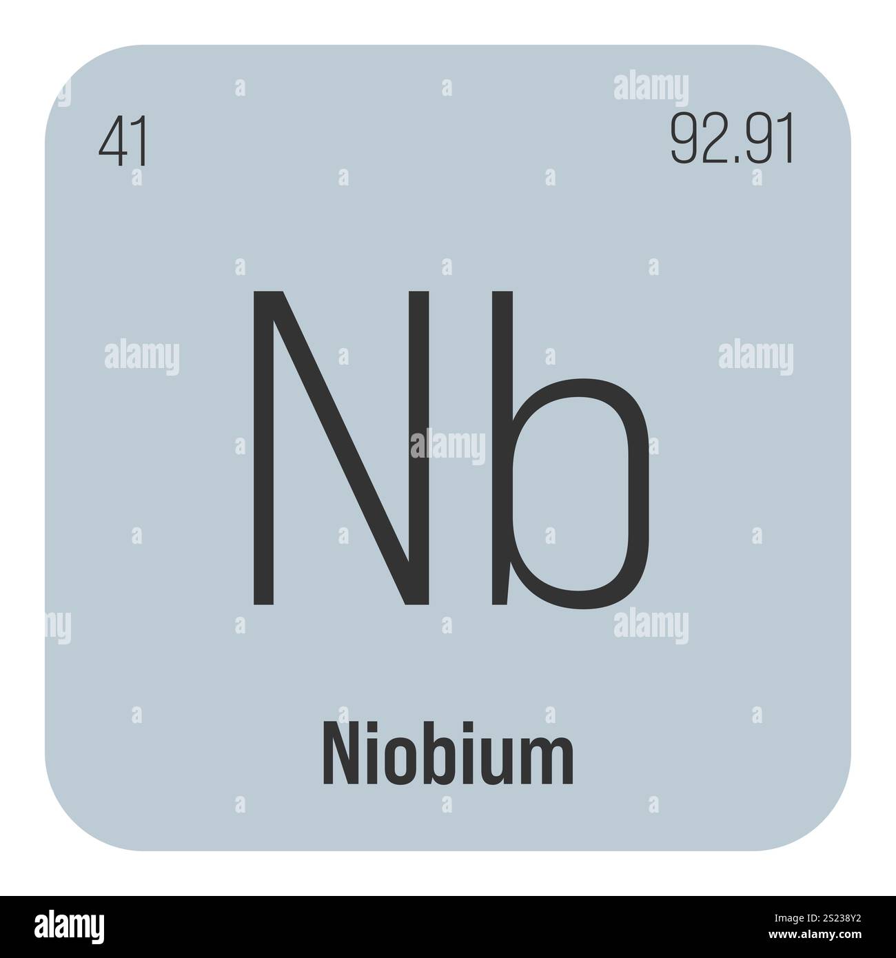 Niob, NB, Periodenelement mit Name, Symbol, Atomzahl und Gewicht. Übergangsmetall mit verschiedenen industriellen Verwendungszwecken, z. B. in der Stahlproduktion, Supraleitern und als Bestandteil bestimmter Legierungen. Stock Vektor