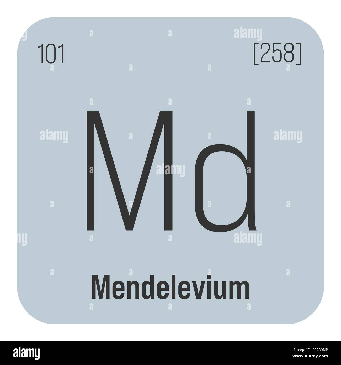 Mendelevium, MD, Periodenelement mit Name, Symbol, Atomzahl und Gewicht. Synthetisches radioaktives Element mit Einsatzmöglichkeiten in der wissenschaftlichen Forschung und der Kernenergie. Stock Vektor