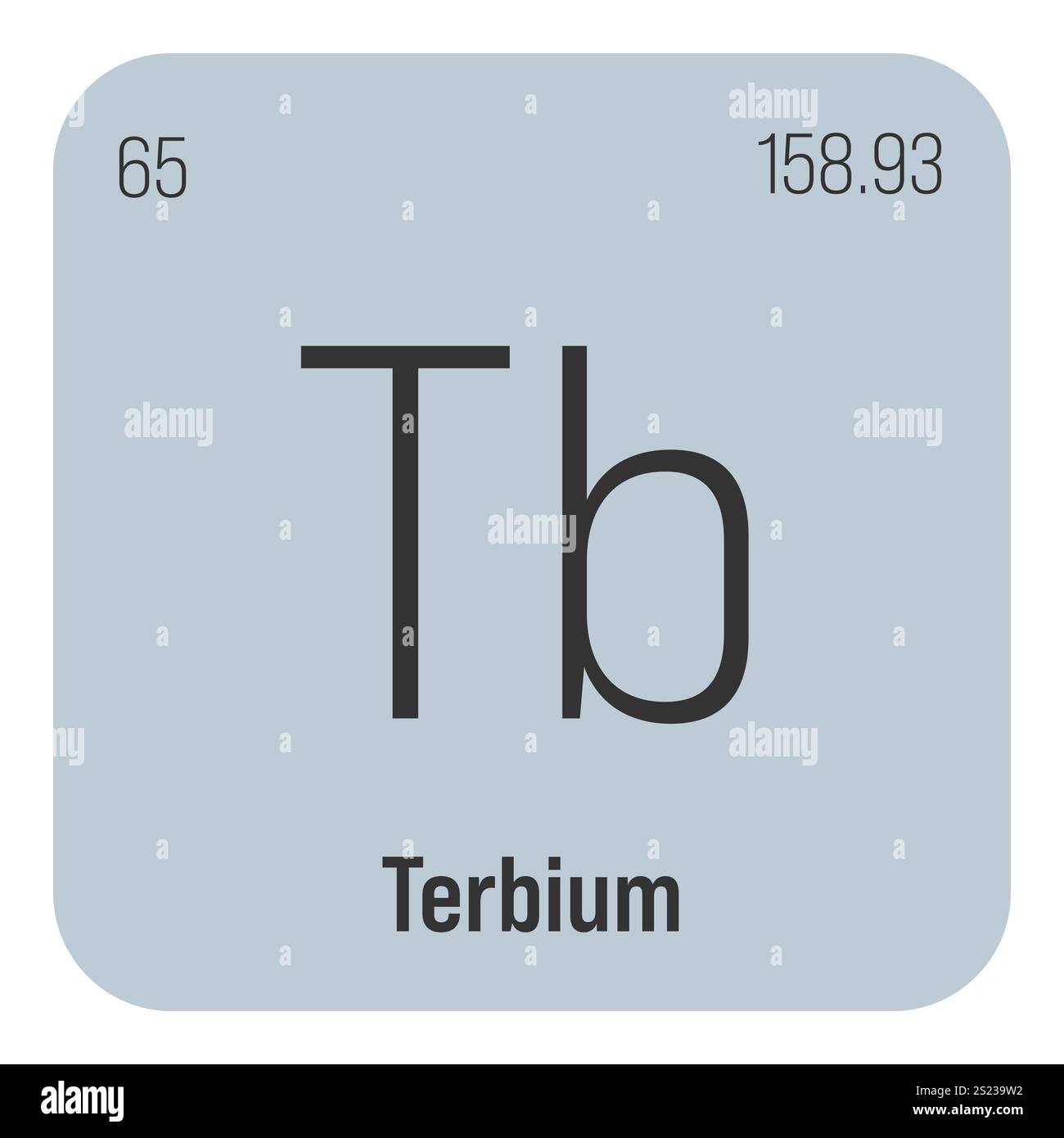 Terbium, TB, Periodenelement mit Name, Symbol, Atomzahl und Gewicht. Seltenerdmetall mit verschiedenen industriellen Verwendungen, z. B. in bestimmten Beleuchtungsarten und als Bauteil in bestimmten Arten von elektronischen Geräten. Stock Vektor