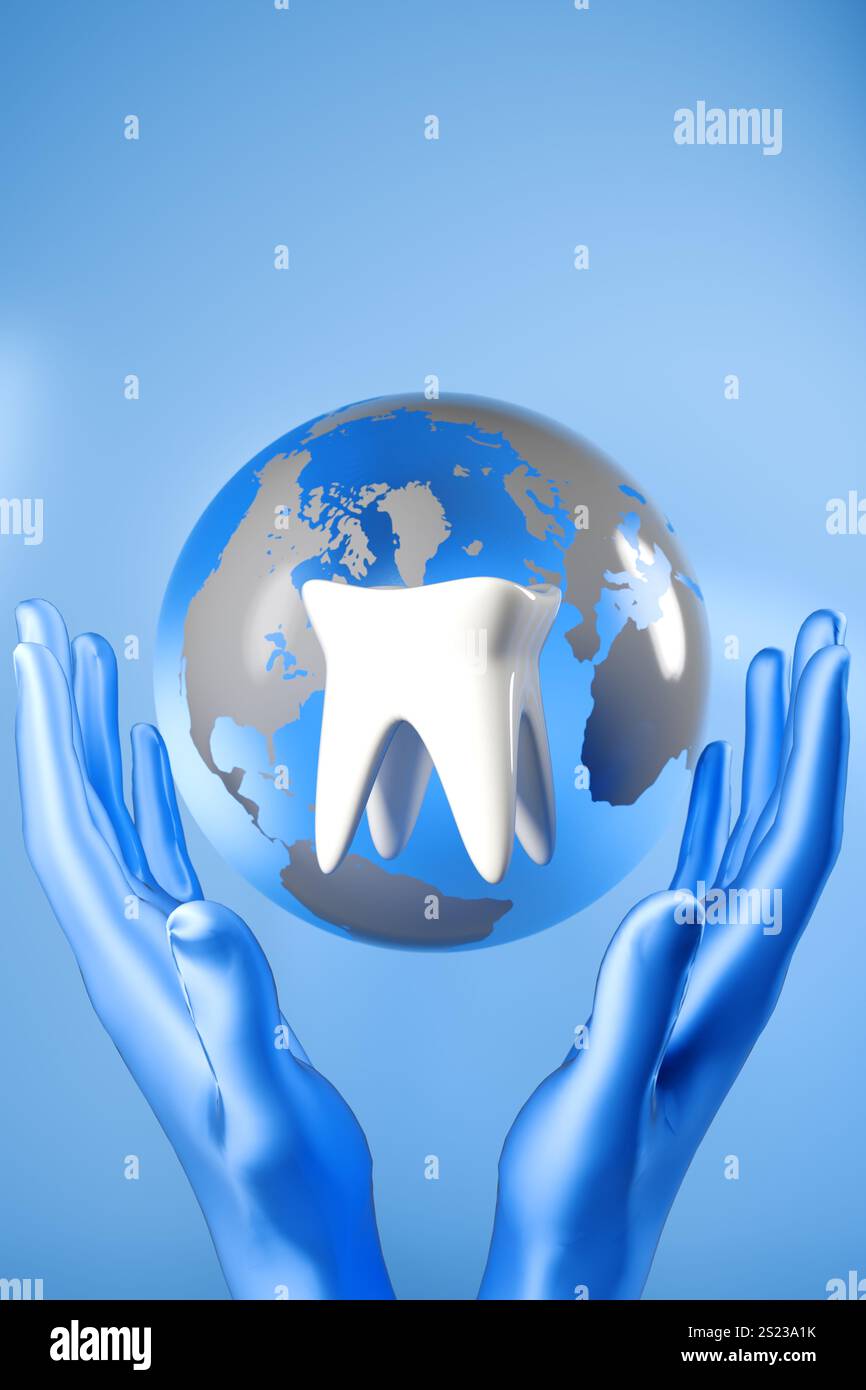 Weltfeier zum Oral Health Day mit einer Kugel und einem Zahnsymbol in den Händen. 3D-Rendering Stockfoto