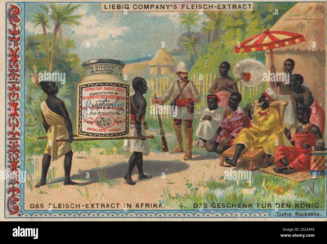 Serie Export von Liebig Fleischextrakt nach Afrika, ein Werbegeschenk für den König, Liebigbild, digital restaurierte Reproduktion eines Sammlerbildes von ca. 1900, gemeinfreie, genaues Datum unbekannt, Übergabe von Geschenken an einen einheimischen König, Serie Export von Liebig Fleischextrakt nach Afrika, ein Werbegeschenk für den König, Liebigbild, digital restaurierte Reproduktion eines Sammelbildes von ca. 1900, gemeinfrei, genaues Datum unbekannt, Übergabe von Geschenken an einen einheimischen König Stockfoto