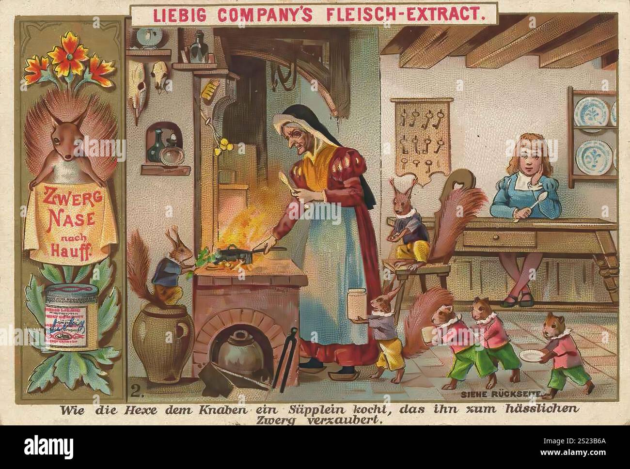 Bilderserie Zwergnase, 2, wie die Hexe eine Suppe für den Jungen kocht, die ihn in einen hässlichen Zwerg verwandelt, Liebigbild, digital restaurierte Reproduktion eines Sammelbildes aus der Zeit um 1900, gemeinfreie, exaktes Datum unbekannt, Eine Hexe kocht in einer Küche mit Tieren und Kindern, Märchenatmosphäre, Bilderserie Zwerg Nase, wie die Hexe dem Knaben ein Süpplein kocht kocht, das ihn zum hässlichen Zwerpplein kocht, das ihn zum hässlichen Zwerg verzaubert, digital restaurierte gemeines, 1900, digital restaurierte Restaurides eine Hexe kocht in einer Küche mit Tieren und Kindern, märchenhafte Stimmung Stockfoto