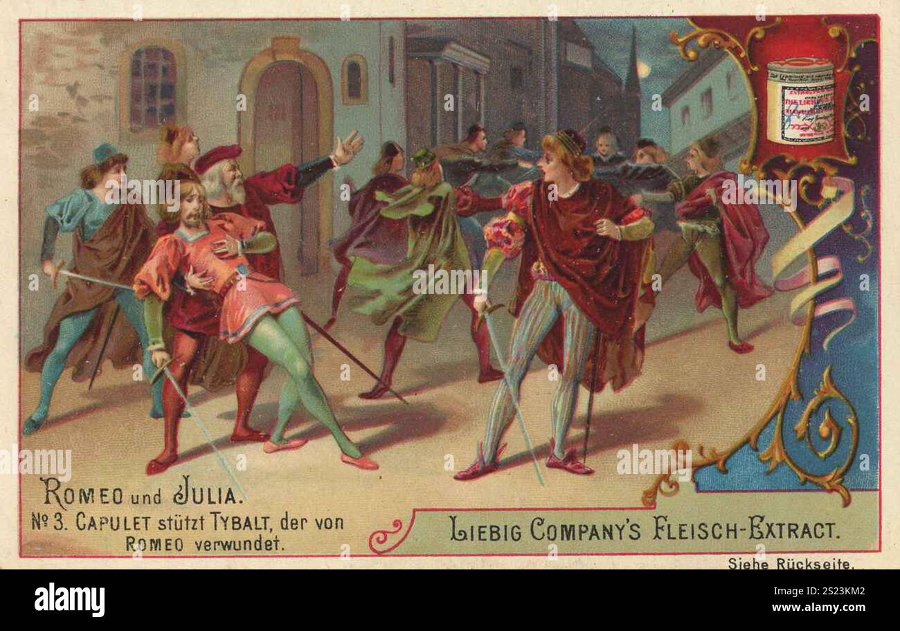 Bildserie Romeo und Julia, 3, Capulet unterstützt Tybalt, der von Romeo verletzt wird, Liebigbild, digital restaurierte Reproduktion eines Sammelbildes von ca. 1900, gemeinfreie, exaktes Datum unbekannt, dramatische Straßenschlacht mit mehreren Männern in historischer Kleidung, Bildserie Romeo und Julia, Capulet stützt Tybalt, der von Romeo verwundet wird, digital restaurierte mit Reproduktion eines Sammelbildes von ca 1900, genaues Datum unbekannt, Edramatische Straßenschlacht, Edramatische Kleidung Stockfoto