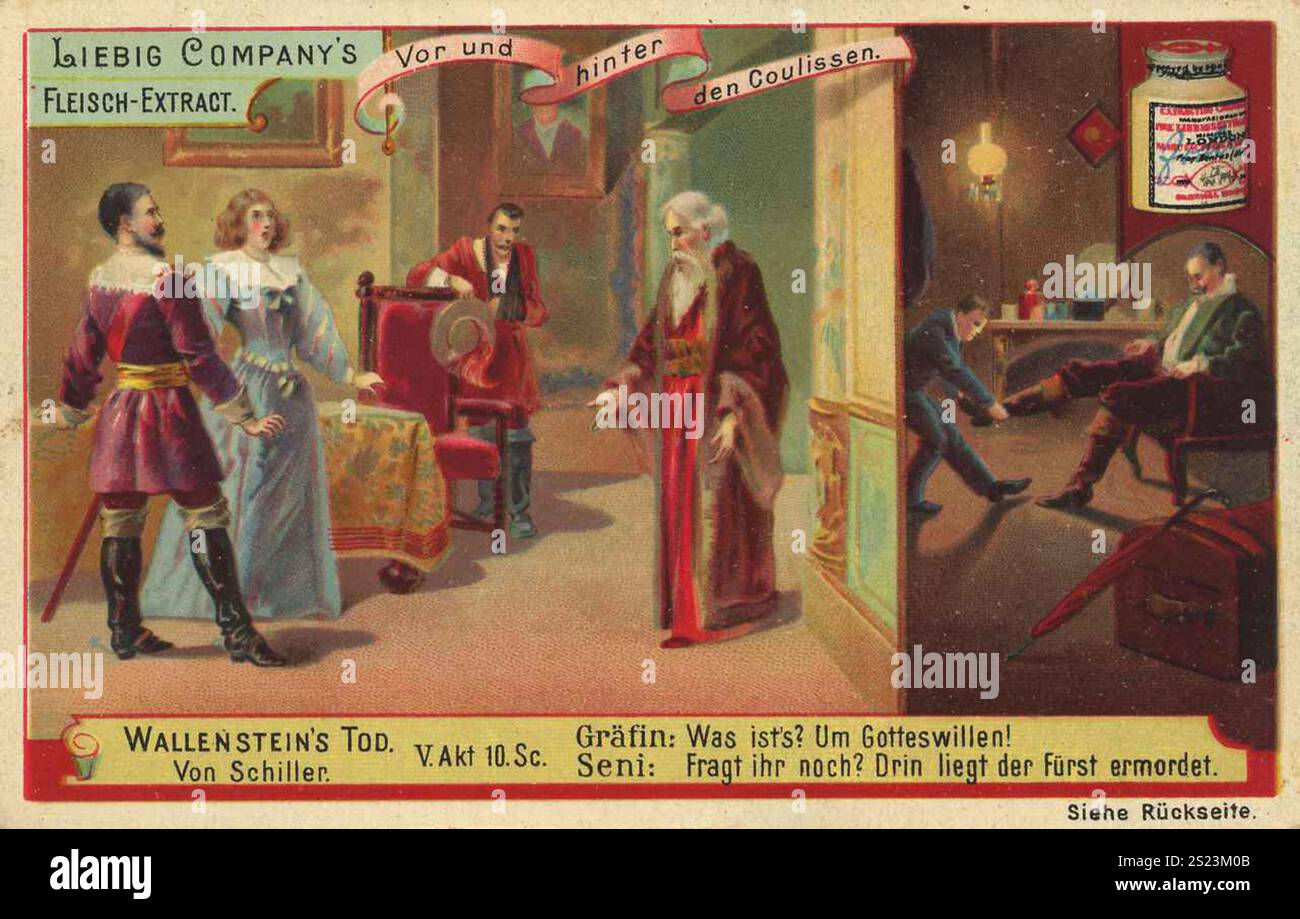 Bilderserie vor und hinter den Kulissen, Wallensteins Tod von Schiller, Liebigbild, digital restaurierte Reproduktion eines Sammlerbildes aus der Zeit um 1900, gemeinfreies Datum unbekannt, eine dramatische Szene aus Wallenstein mit Spannung und Misstrauen zwischen Charakteren in einem prächtigen Innenraum, Bildserie vor und hinter den Kulissen, Wallensteins Tod von Schiller, digital restaurierte Reproduktion eines Sammelbildes von CA 1900, gemeinfrei, genaues Datum unbekannt, eine dramatische Szene von Wallenstein, eine dramatische Szene von Wallenstein, eine dramatische Szene von Wallenstein, eine dramatische Szene von Wallenstein, die Spannung und Misstrauen zwischen Figuren in einem prunkvollen Innenr Stockfoto