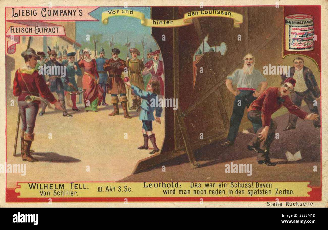 Bilderserie vor und hinter den Kulissen, Wilhelm Tee von Schiller, Liebigbild, digital restaurierte Wiedergabe eines Sammlerbildes aus der Zeit um 1900, gemeinfreie, genaues Datum unbekannt, Szene mit William Tell auf der Bühne, beobachtet von einer Menge, vermittelt ein Gefühl von Spannung und Tradition, Bildserie vor und hinter den Kulissen, Wilhelm Tee von Schiller, digital restaurierte Reproduktion eines Sammelbildes von CA 1900, gemeinbekannt, genaues Datum unbekannt, eine Szene mit William Tell auf der Bühne, eine Szene mit William Tell auf der Bühne, eine Szene mit William Tell auf der Bühne, eine Szene von einer Menge beobachtet, vermittelt ein Gefühl von Spannung und Tradition Stockfoto