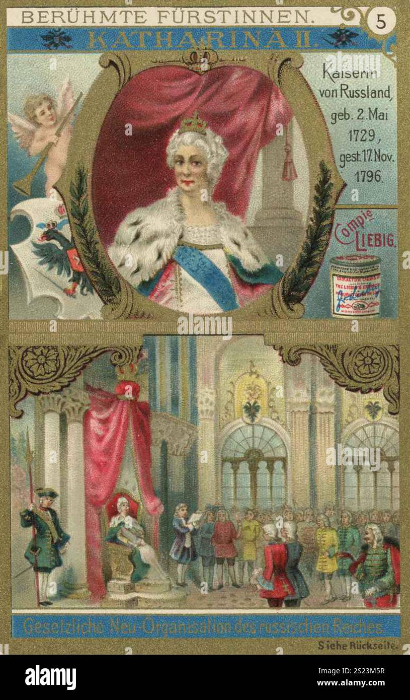 Bildserie berühmte Prinzessinnen, Katharina II., Kaiserin von Russland, Liebigbild, digital restaurierte Reproduktion eines Sammlerbildes aus der Zeit um 1900, öffentlich, exaktes Datum unbekannt, Katharina die große von Russland in einem prächtigen Thronsaal, umgeben von Adel und prachtvollen Details, Bildserie Berühmte Fürstinnen, Katharina II., Kaiserin von Russland, digital restaurierte Reproduktion eines Sammelbildes von ca. 1900, gemeinfrei, genaues Datum unbekannt, Katharina die Grounbekannt, Katharina von Russland Details Stockfoto