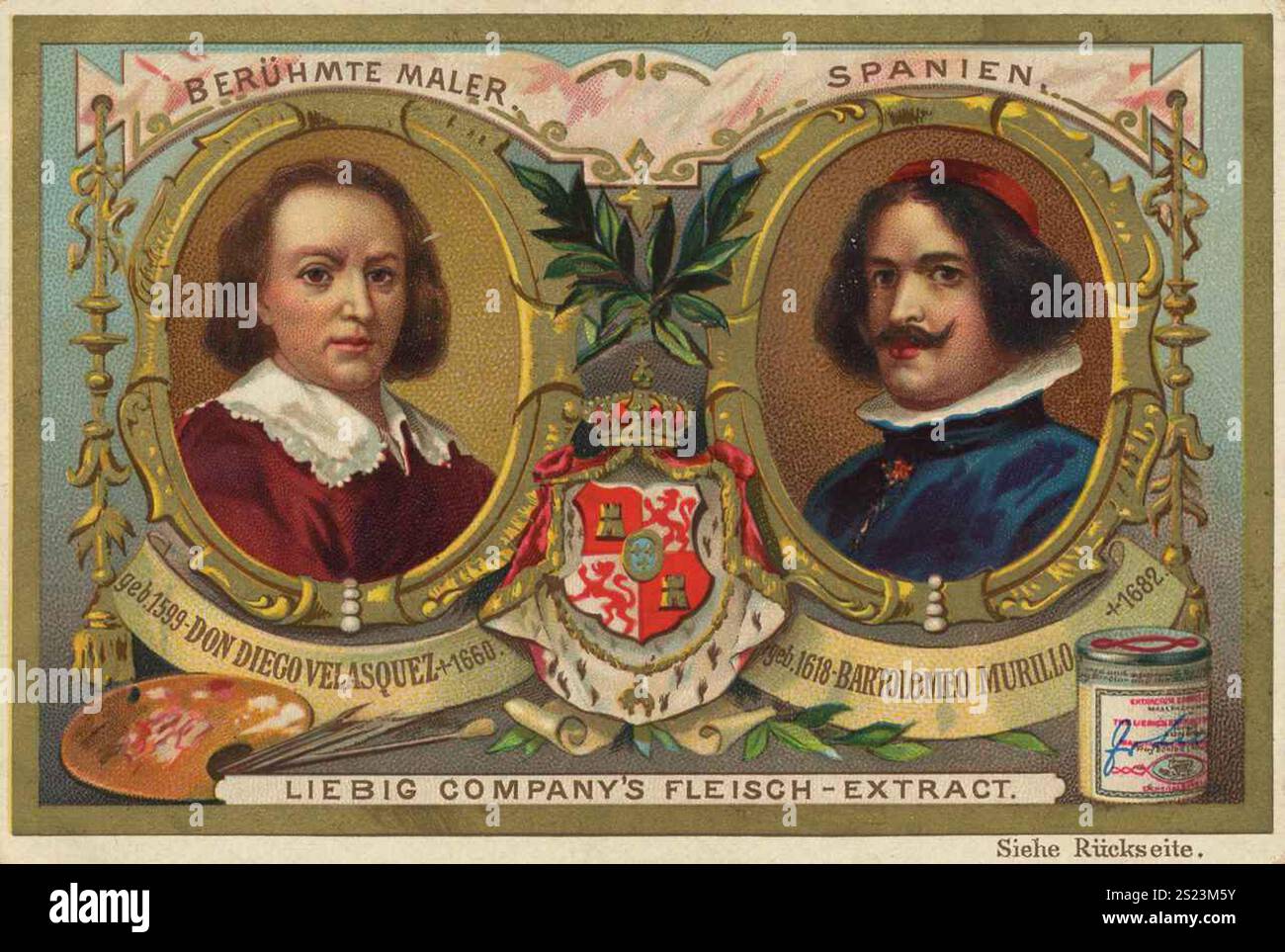 Bildserie berühmter Maler, Spanien, Don Diego Velasquez und Bartolomeo Murillo, Liebigbild, digital restaurierte Reproduktion eines Sammelbildes von ca. 1900, gemeinfreie, exaktes Datum unbekannt, Porträts von Velázquez und Murillo in verzierten Rahmen mit spanischem Wappen, Bildserie berühmte Maler, Spanien, Don Diego Velasquez und Bartolomeo Murillo , digital restaurierte Reproduktion eines Sammelbildes von ca 1900, genaues unbekannt Datum, Porträts von Murillo, Porträts von Murillo, Porträts von Velázquez Stockfoto Bildserie berühmter Maler, Spanien, Don Diego Velasquez und Bartolomeo Murillo, Liebigbild, digital restaurierte Reproduktion eines Sammelbildes von ca. 1900, gemeinfreie, exaktes Datum unbekannt, Porträts von Velázquez und Murillo in verzierten Rahmen mit spanischem Wappen, Bildserie berühmte Maler, Spanien, Don Diego Velasquez und Bartolomeo Murillo , digital restaurierte Reproduktion eines Sammelbildes von ca 1900, genaues unbekannt Datum, Porträts von Murillo, Porträts von Murillo, Porträts von Velázquez Stockfoto