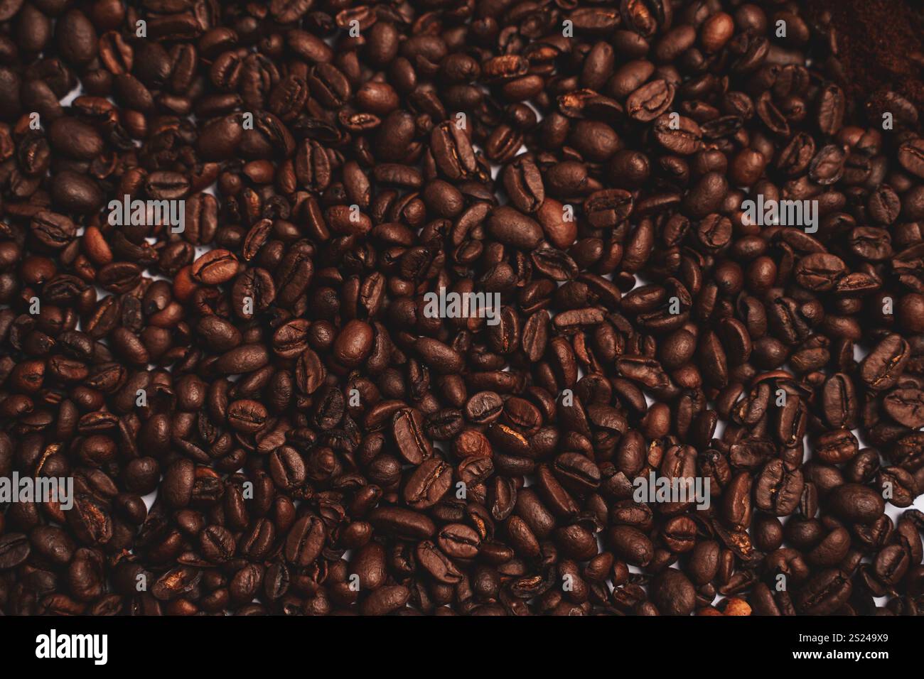 Strukturierter Hintergrund frisch gerösteter Kaffeebohnen Stockfoto