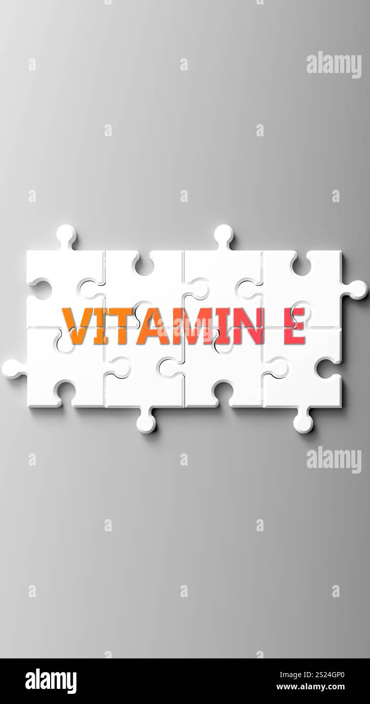 Vitamin E als komplexes Thema, bezogen auf wichtige Themen, die sich als Wortwolke verbreiten. Stockfoto