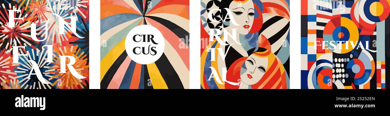 Karneval und Jahrmarkt kreative Retro-Kunst quadratisches Banner-Set. Circus and Festival Vintage Typografie Design Kollektion. Plakat mit Text auf farbenfrohem abstraktem Muster. Moderne, trendige EPS-Abdeckung Stock Vektor