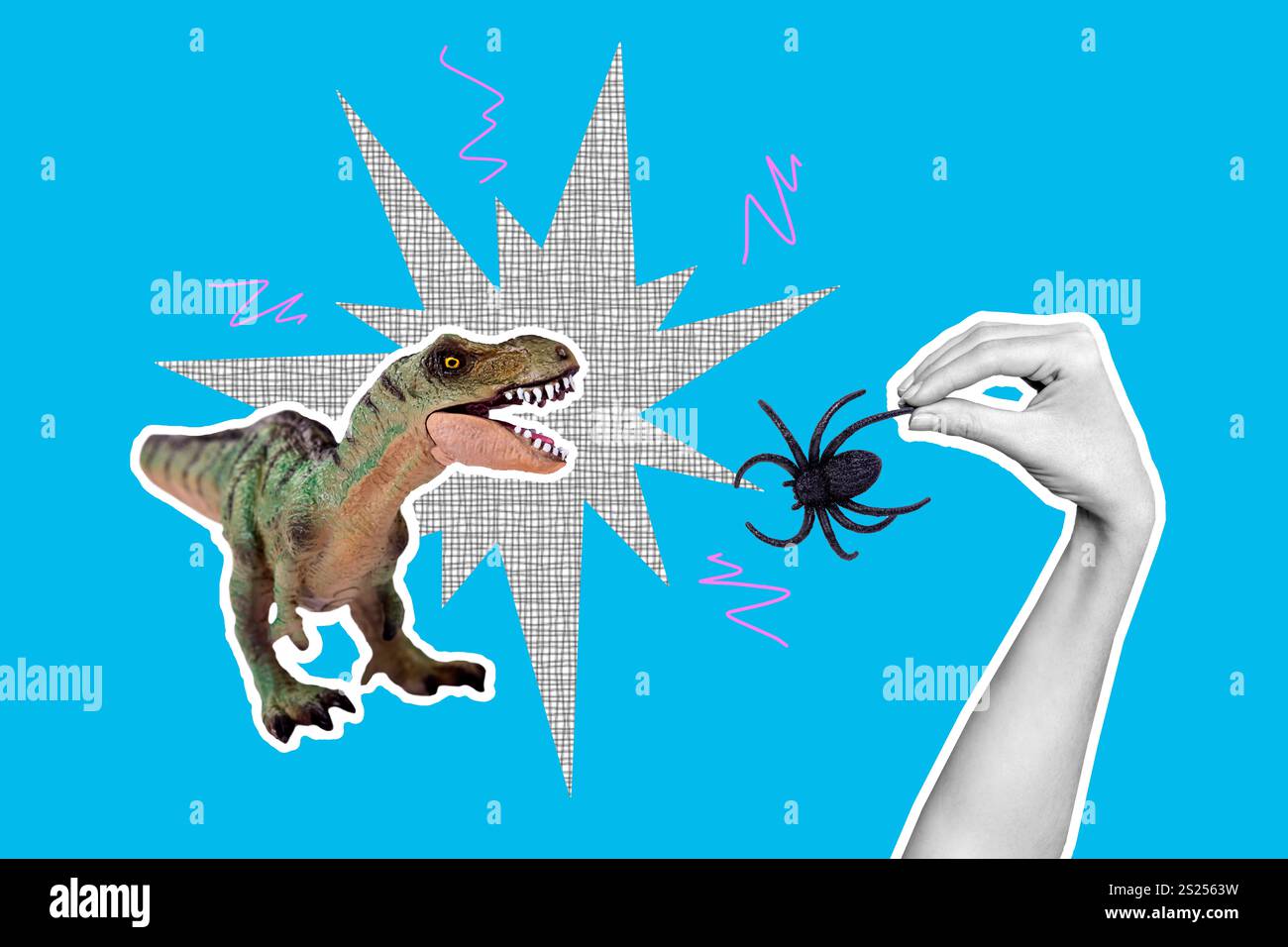 Kreatives Fotomoster Trend Art Collage Bild von Dino Tier Wild jurassic Kill Spinnen Jagd Hand halten Insekten Spielzeug Wildtiere Zoo Stockfoto