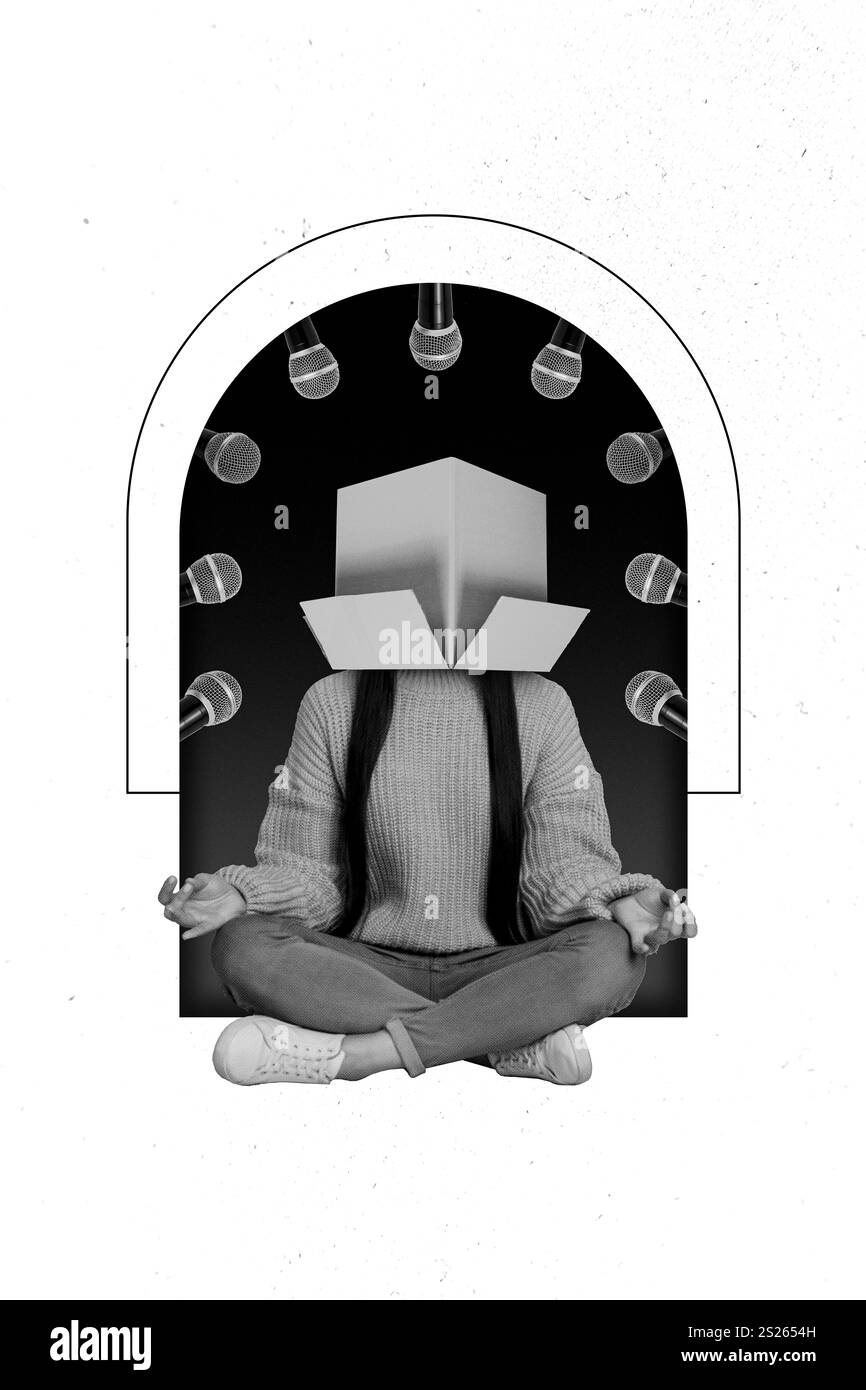 Kreatives Foto 3D Collage Kunstwerke Poster einer beliebten Person Cover Head verbirgt Interviewer isoliert auf Malhintergrund Stockfoto