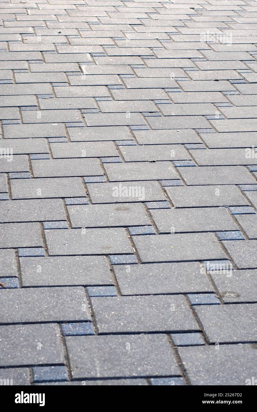 Dieses Bild zeigt eine detaillierte Nahaufnahme eines Ziegelpflasters mit einem markanten diagonalen Muster, das visuelles Interesse und Textur verleiht Stockfoto