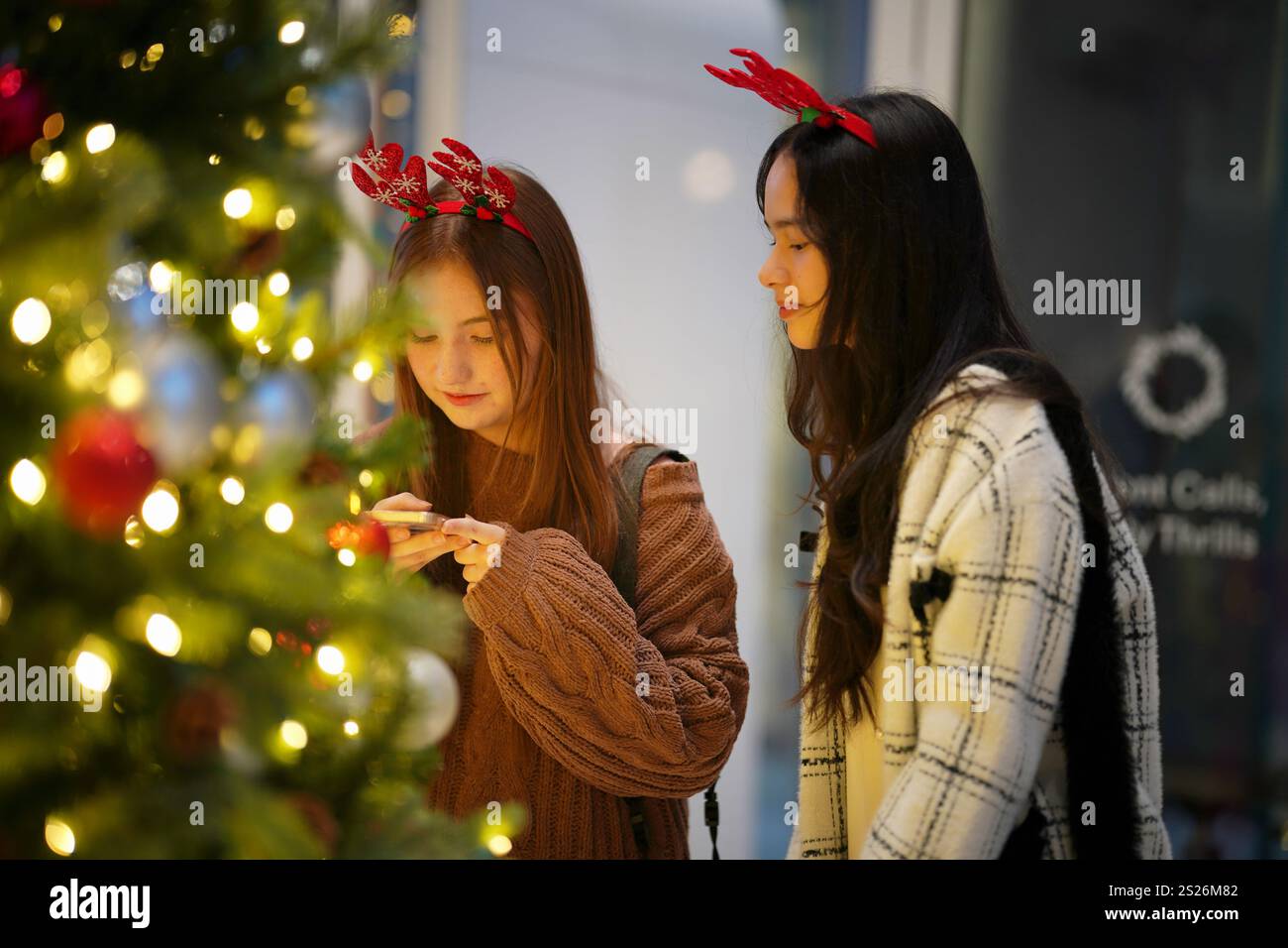 Zwei Freunde sind dabei, einen Weihnachtsbaum zu dekorieren, umgeben von funkelnden Lichtern und Ornamenten in einem warmen Innenbereich. Ein Freund ist sorglos Stockfoto