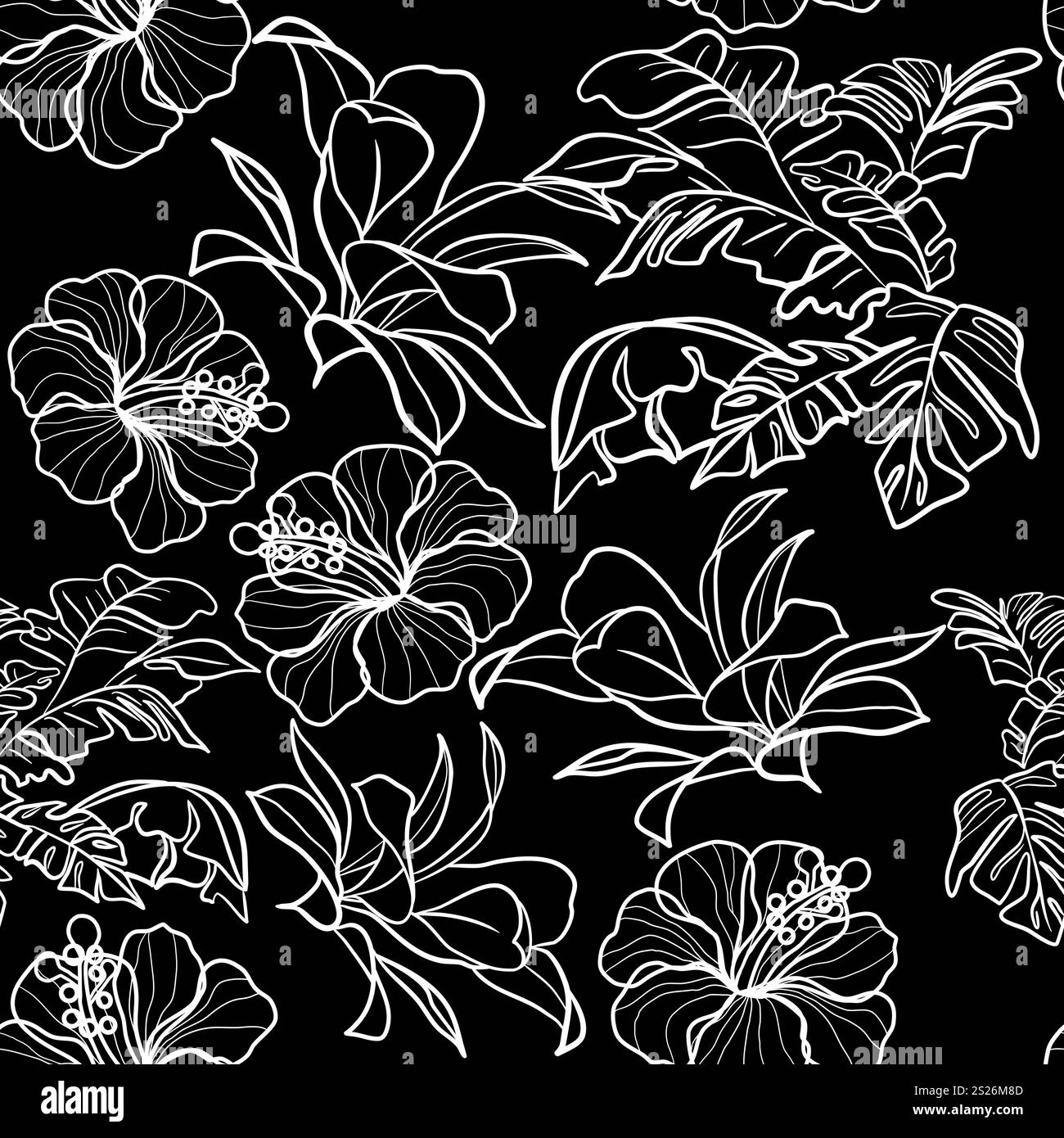 Nahtloses Blumenmuster mit Hibiskusblüten und tropischen Blättern in Doodle-Stil-Vektor-Illustration Stock Vektor