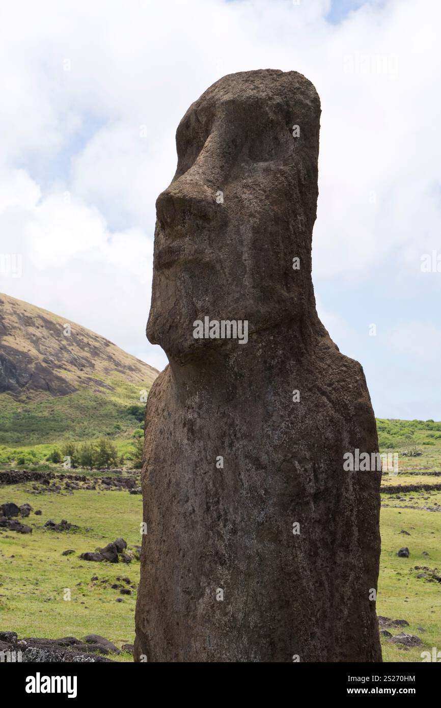 Ein einzelner Moai steht am Eingang zu Ahu Tongariki, dem größten Monument der Osterinsel mit 15 stehenden Moai-Statuen. Stockfoto