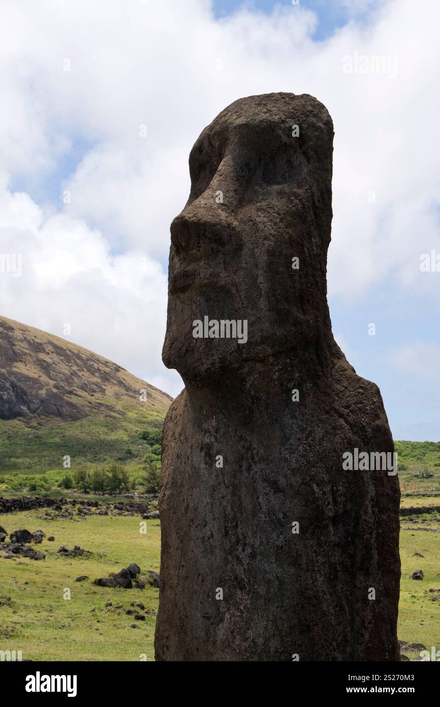Ein einzelner Moai steht am Eingang zu Ahu Tongariki, dem größten Monument der Osterinsel mit 15 stehenden Moai-Statuen. Stockfoto
