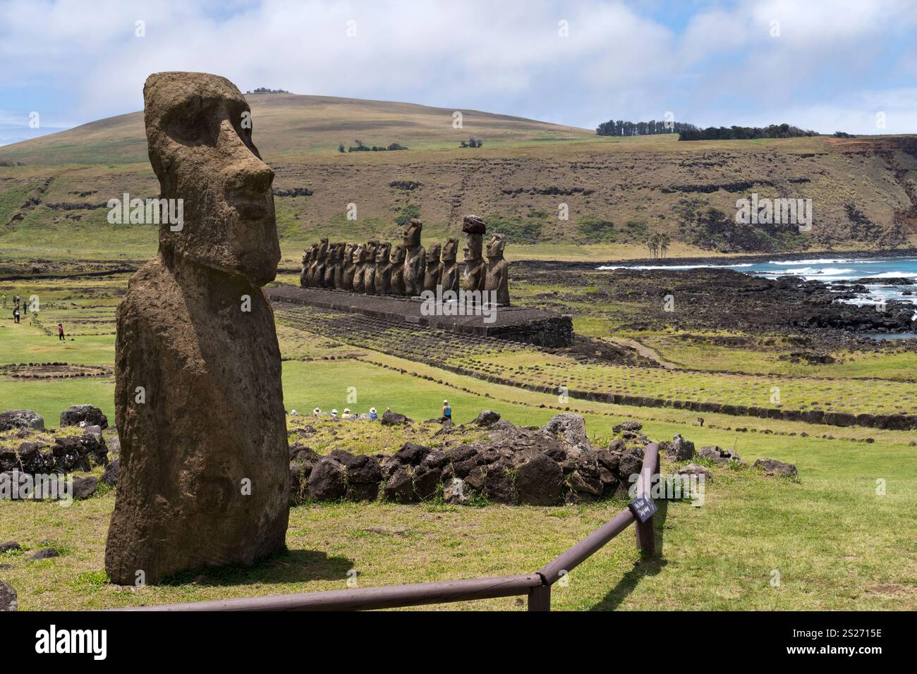 Ein einzelner Moai steht am Eingang zu Ahu Tongariki, dem größten Monument der Osterinsel mit 15 stehenden Moai-Statuen. Stockfoto
