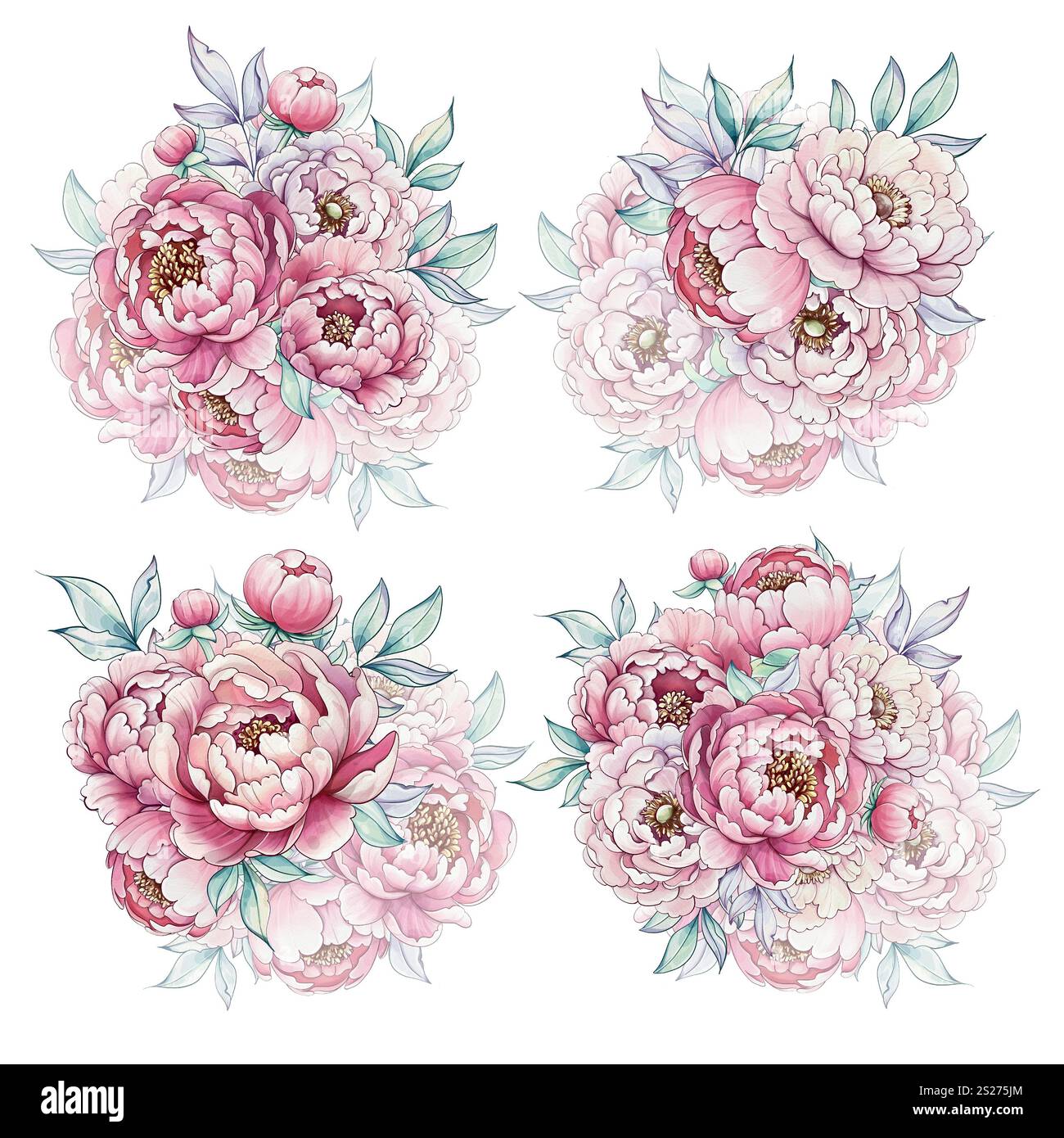 Sanft bemalte Pfingstrosen in verschiedenen Stufen blühen harmonisch und zeigen komplexe Details und sanfte Farben in einer kreativen floralen Komposition Stockfoto