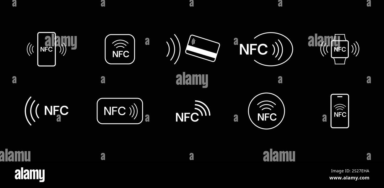 Symbolgruppe für NFC-Zahlung. Kontaktloses drahtloses Bezahlschild. Symbol für NFC-Technologie. nfc-Zahlung per Kreditkarte. Bearbeitbare Kontur. Symbol für Vektorlinie. Stock Vektor